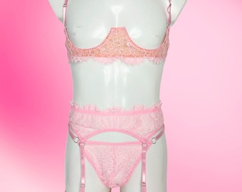 Pink Mens Femboy Lingerie Lace Garter Set – Bra and Panty for Men, Gay Lingerie, Sissy Underwear, Crossdresser Lingerie, Mens Garter Belt