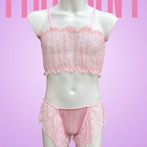 Pink Feminine male underwear set - Men&#39;s panties lace, Mens mesh bra, Lace Top, Sissy Lingerie, Femboy Underwear