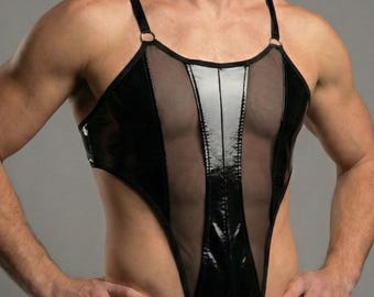 Men’s Vinyl, Mesh Bodysuit, Sexy Gay Clubwear, Wet Look Singlet, Rave Fetish Outfit, Male Lingerie Leotard, Circuit Party Gear, Men bodysuit