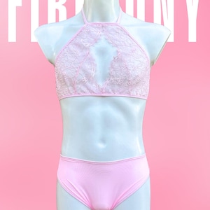 Pink Lace Lingerie Set: Bra, Thong, Belt, and Garters, Femboy lingerie, Sissy lingerie, Mens lingerie, Mens thongs, Sheer panty Gay lingerie