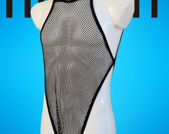 Body résille en résille noire, tenue rave, lingerie résille, lingerie pour homme, body transparent, body string, body en résille Festival rave