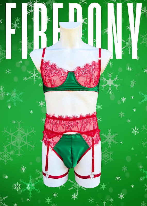 Christmas Lingerie Set for Men – Red Lace & Green Satin – Femboy Lingerie,  Sissy Underwear, Sexy Holiday Outfit