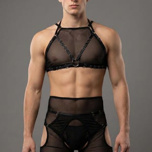 Black mesh feminine lingerie for men, Male lingerie, Mens lingerie, Femboy lingerie, Male lingerie set, Gay lingerie, Transparent lingerie image 12