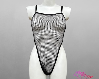 Body transparente para mujer, Negligee transparente, lencería tipo tanga, Body transparente de corte alto, lencería reveladora de malla transparente