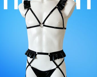 Black leather feminine lingerie for men, Male lingerie, Mens lingerie, Femboy lingerie, Male lingerie set, Transparent lingerie Fireponyshop