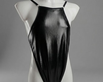 Men's Vinyl Faux Leather Bodysuit - High Cut Rave Festival Outfit, Backless Men's Lingerie - Wet Look Fetish Wear - Exotic Dancewear for Men