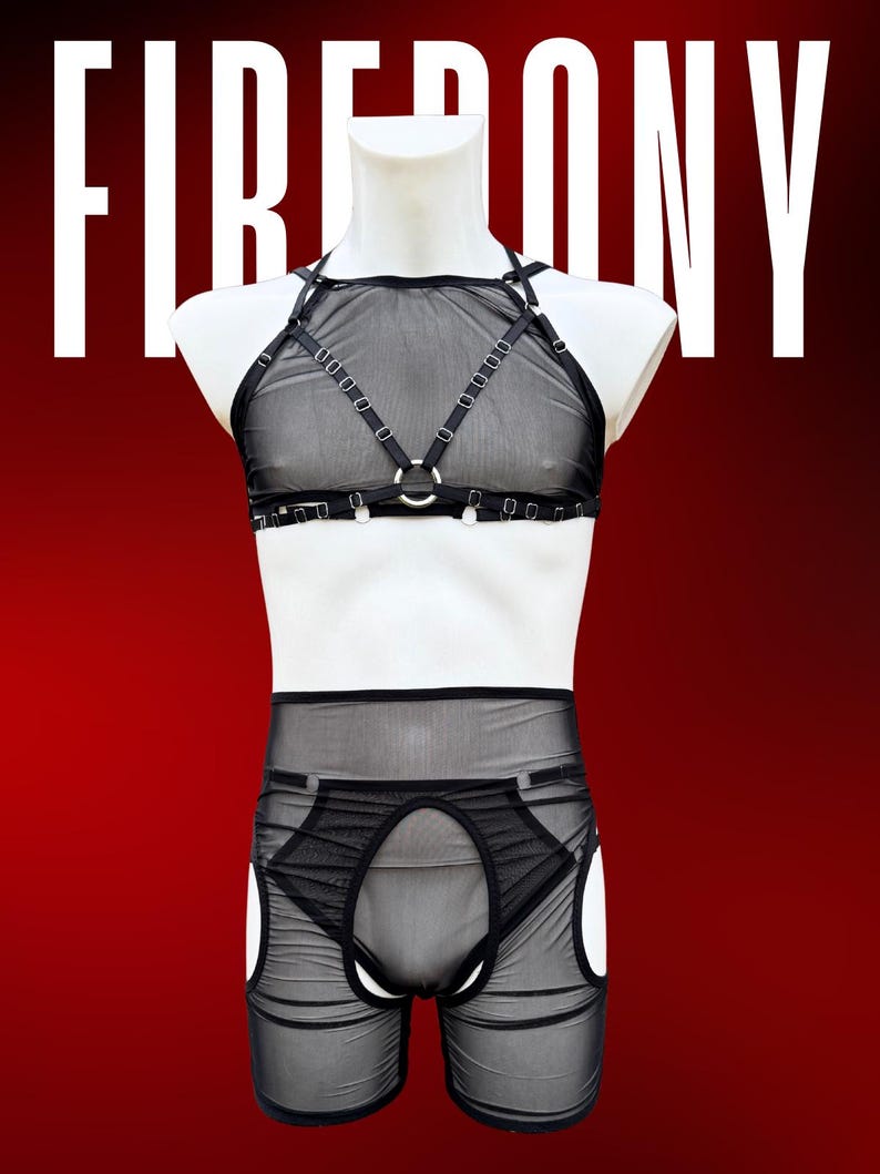 Black mesh feminine lingerie for men, Male lingerie, Mens lingerie, Femboy lingerie, Male lingerie set, Gay lingerie, Transparent lingerie image 5