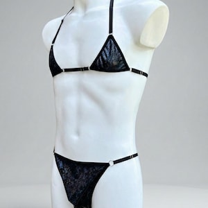 Men's Galaxy Shimmering Black sequin Lingerie Set - Micro Triangle Bra and String Thong – Exotic Femboy Clothing & Sissy Underwear