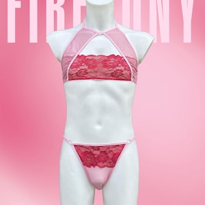 Conjunto de lingerie Sissy para homens – Sutiã e tanga de renda vermelha e rosa – Lingerie Femboy | Vestido X | Lingerie combinando | XS–3XL