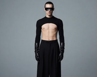 Top corto negro extremo para hombre, bolero de manga larga para rave y festival, top corto para hombre, top de licra, ropa cyberpunk, atuendo gay