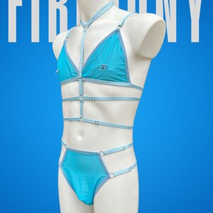 Blue mesh Sissy Feminine male lingerie set - Men&#39;s panties mesh, Mens bra, Harness for men, Mens sexy underwear