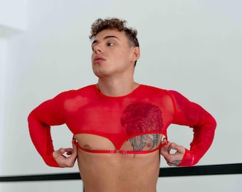 Top corto de malla para hombre, atuendo transparente para festival, camisa rave de manga larga transparente, ropa rave gay, top fetiche para hombre, atuendo para club.