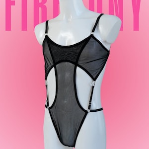 Black Mesh Thong Bodysuit for Men – Femboy One-Piece Lingerie – Sheer Cut-Out Male Bodysuit – Sexy Gay Lingerie Outfit – FirePony