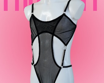 Black Mesh Thong Bodysuit for Men – Femboy One-Piece Lingerie – Sheer Cut-Out Male Bodysuit – Sexy Gay Lingerie Outfit – FirePony