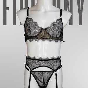 Black Femboy Lingerie Set – Sissy Bra & Panty for Men with Garter | Cute Crossdresser Male Lingerie | Handmade XS–3XL