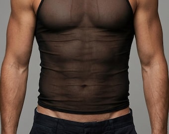 Men's Black Mesh Tank Top | Sheer See Through Muscle Shirt | Rave Festival Clubwear Outfit | Sexy Racerback Undershirt for Him | Fitted Vest