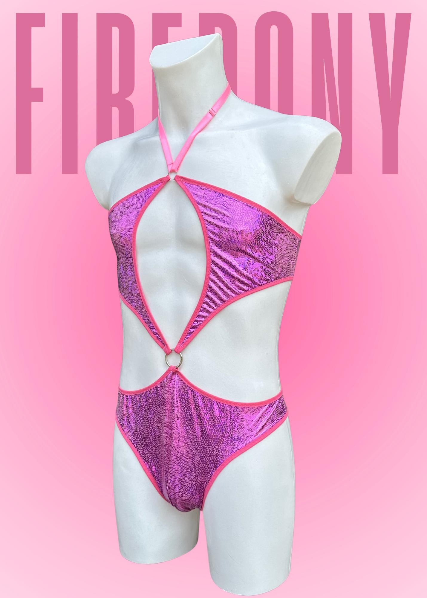 Hot Pink Sequin Cut-Out Bodysuit: Sissy Lingerie, Femboy Clothing