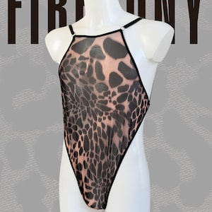 Hot Leopard Mens Mesh Bodysuit, Mens Nightclub Outfit, Fishnet bisexual bodysuit, Body homme Sissy lingerie Gay lingerie See Through Singlet