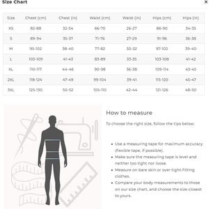 May include: Size chart for clothing with measurements in inches and centimeters. The chart includes sizes XS to 3XL with corresponding chest, waist, and hip measurements. The chart also includes a diagram of a person with lines indicating where to measure for each measurement.