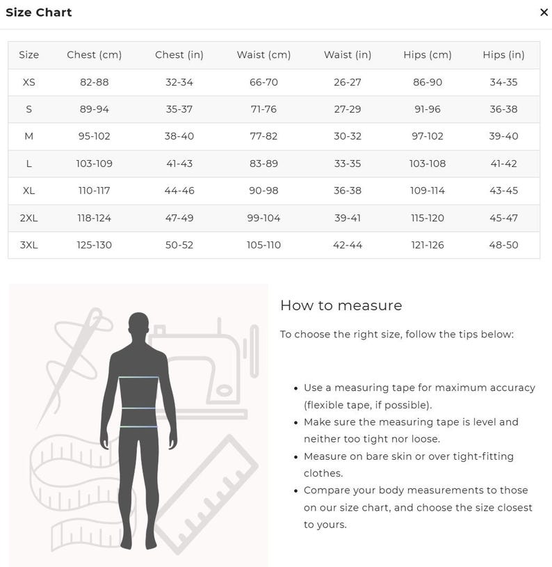 May include: Size chart for clothing with measurements in inches and centimeters. The chart includes sizes XS to 3XL with corresponding chest, waist, and hip measurements. The chart also includes a diagram of a person with lines indicating where to measure for each measurement.