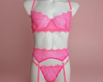 Pink Femboy Lingerie Set – Sissy Bra & Panty for Men with Garter | Cute Crossdresser Male Lingerie | Handmade XS–3XL