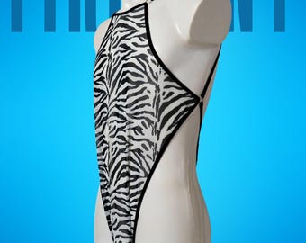 Zebra Print Mens Sexy Bodysuit – See Through Mesh Singlet – Men Thong Bodysuit, Gay Lingerie, Crossdresser Body, Wrestling Singlet