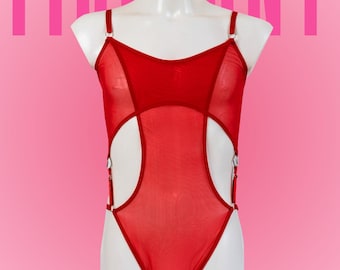 Body en résille rouge, tenue Rave, lingerie résille, lingerie pour homme, body transparent, body string, body en résille Festival rave