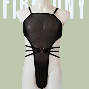 Black Sheer Strappy Men’s Bodysuit – Femboy Cut-Out Mesh Bodysuit – Sexy Thong Bodysuit for Gay Men – Sexy Gay Outfit