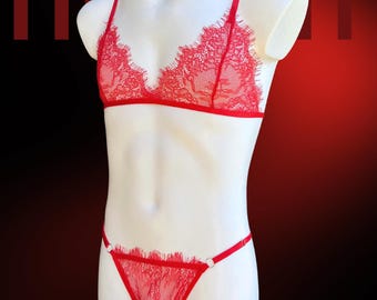 Red Sissy Lingerie Set for Men – Lace Bra and Thong, Femboy Gay Lingerie, Crossdress Underwear, Men’s Exotic Lingerie