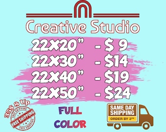 May include: A pink and white graphic with the text "Creative Studio" and a price list for custom canvas prints in various sizes. The sizes are listed as 22x20 inches, 22x30 inches, 22x40 inches, and 22x50 inches. The prices are $9, $14, $19, and $24 respectively. The graphic also includes the text "Full Color" and a stamp that says "Free Shipping".