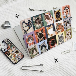 Könnte beinhalten: Ein Laptop mit einem farbenfrohen Katzendesign. Das Design zeigt verschiedene Katzen in verschiedenen Posen und Farben, die alle in einem Raster angeordnet sind. Der Laptop ist geöffnet und der Bildschirm ist sichtbar, aber der Inhalt auf dem Bildschirm ist nicht sichtbar.