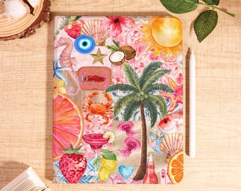 Summer Collage Scrapbook iPad Case with Pencil Holder for iPad 11/10/9 Gen 2025 Air 7/6/5 13" 11" 10.9" iPad Pro 12.9 Inch Custom Name iPad