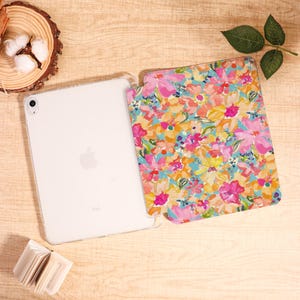 May include: A white iPad with a clear case next to a floral patterned case. The floral pattern features pink, yellow, and orange flowers on a light blue background. The iPad is on a light brown wooden surface.