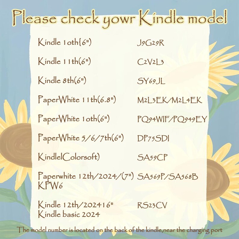 Puede incluir: Un cuadro informativo azul claro con girasoles amarillos que muestra el texto Please check your Kindle model y una lista de modelos Kindle con sus n&uacute;meros, como Kindle 10th 6 pulgadas J9G29R y Paperwhite 12th 2024 7 pulgadas SA569P.