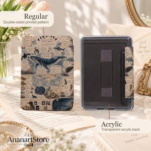 Puede incluir: Una funda protectora para lector electr&oacute;nico con un patr&oacute;n impreso a doble cara que muestra ballenas, criaturas marinas y texto en espa&ntilde;ol. La funda incluye una parte trasera de acr&iacute;lico transparente y una correa gris oscuro para sujetar.