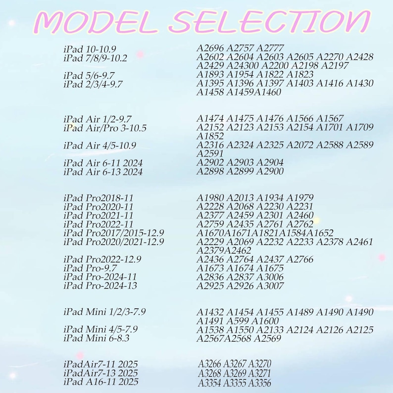 May include: A list of iPad model numbers and corresponding codes, including iPad Air, Pro, and Mini models. The text is in a light purple font on a white background, useful for identifying device compatibility.