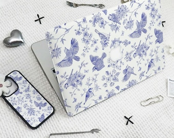 Blue White Bird Floral MacBook Case Air 15 Laptop Cover for Mac Pro 14 15 16 2020-2024/Phone Case For iPhone 16 13 12 Pro Max/Plus Mom Gift