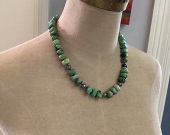 Handcrafted Green Stone and Vintage Silver Necklace