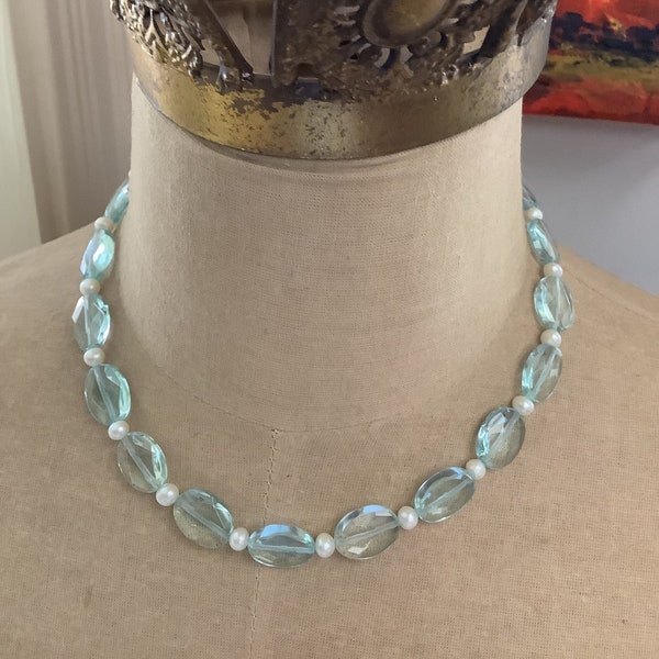 Blue Crystal and Pearl Necklace -- Anna Wintour Style Necklace
