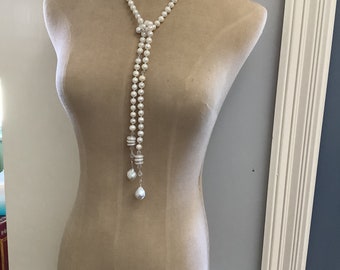 Long Freshwater Pearl Lariat with Crystals, Seed Beads, and Baroque Pearls