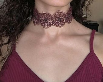 Burgundy Lace Choker: Tatting Boho Necklace with Miyuki Beads