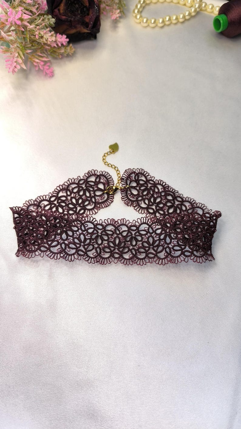 Burgundy Tatting Lace Choker: Handmade Frivolité Necklace, Elegant Lace Jewelry image 4