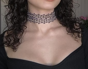 Ivory Tatting Lace Choker: Handmade Frivolité Necklace, Elegant Lace Jewelry with blue beads