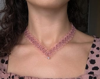 Pink Lace Choker - Tatting Necklace with Polyester Thread and Violet glass beads