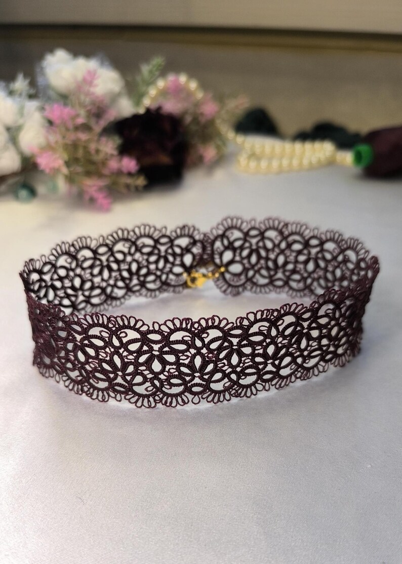 Burgundy Tatting Lace Choker: Handmade Frivolité Necklace, Elegant Lace Jewelry image 6