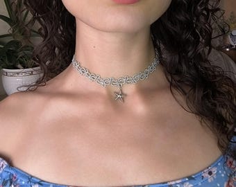 Collana girocollo in pizzo all'uncinetto d'argento fatta a mano, gioielli da spiaggia con stelle marine, collana ispirata all'oceano