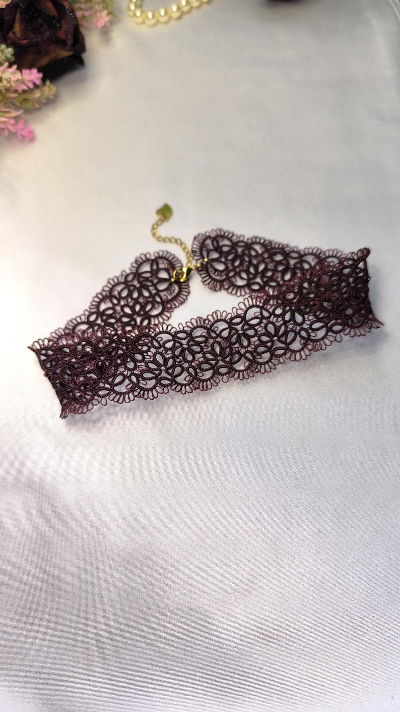 Burgundy Tatting Lace Choker: Handmade Frivolité Necklace, Elegant Lace Jewelry image 8