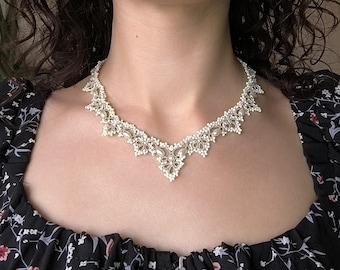 Handmade Ivory Lace Choker, Ivory Bead Tatting Necklace with Pearl