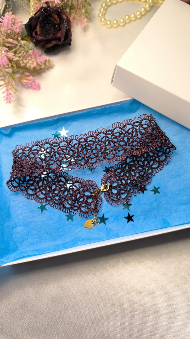 Burgundy Tatting Lace Choker: Handmade Frivolité Necklace, Elegant Lace Jewelry image 10