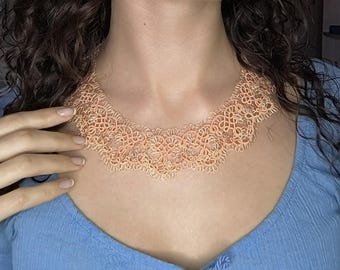 Elegant Frivolité Lace Collar, Peach Necklace, Handmade choker, polyester lace